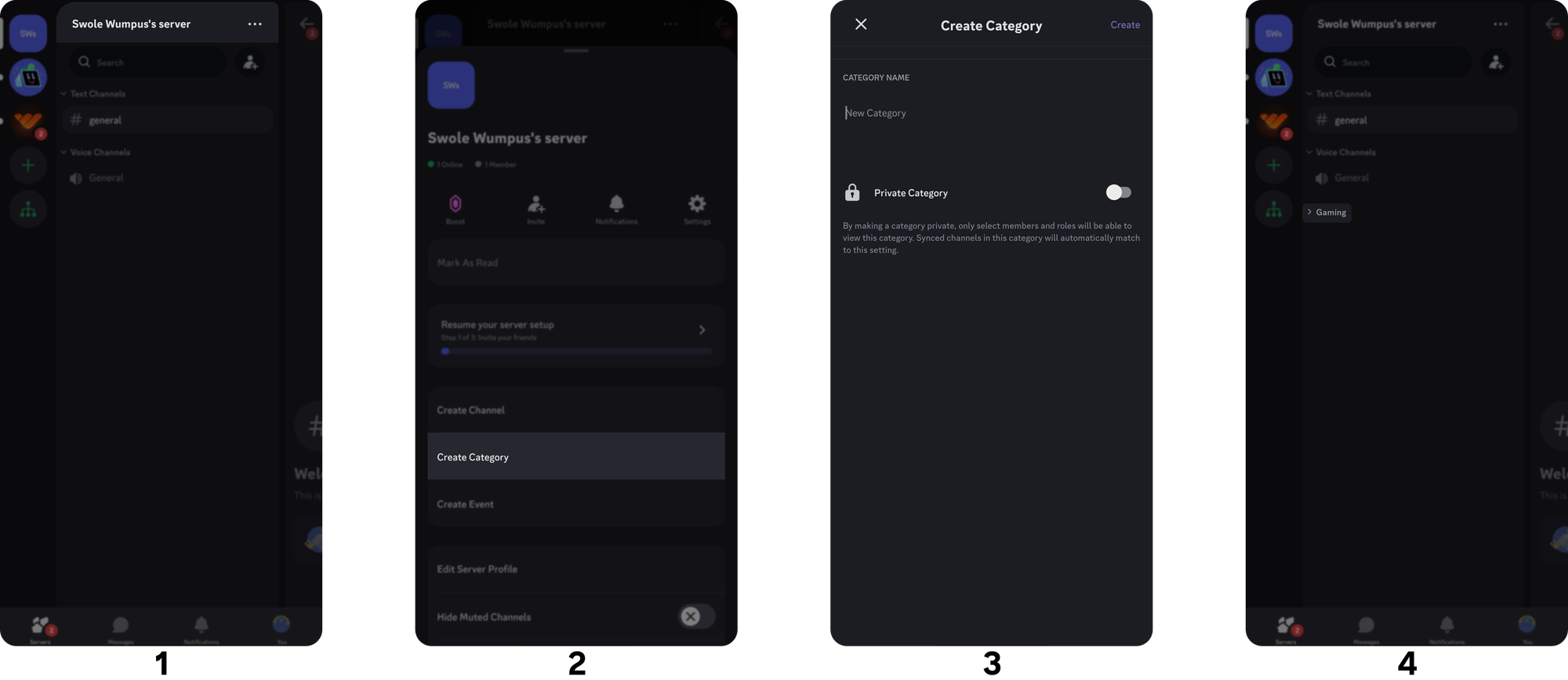 Steps of creating a Discord category on mobile