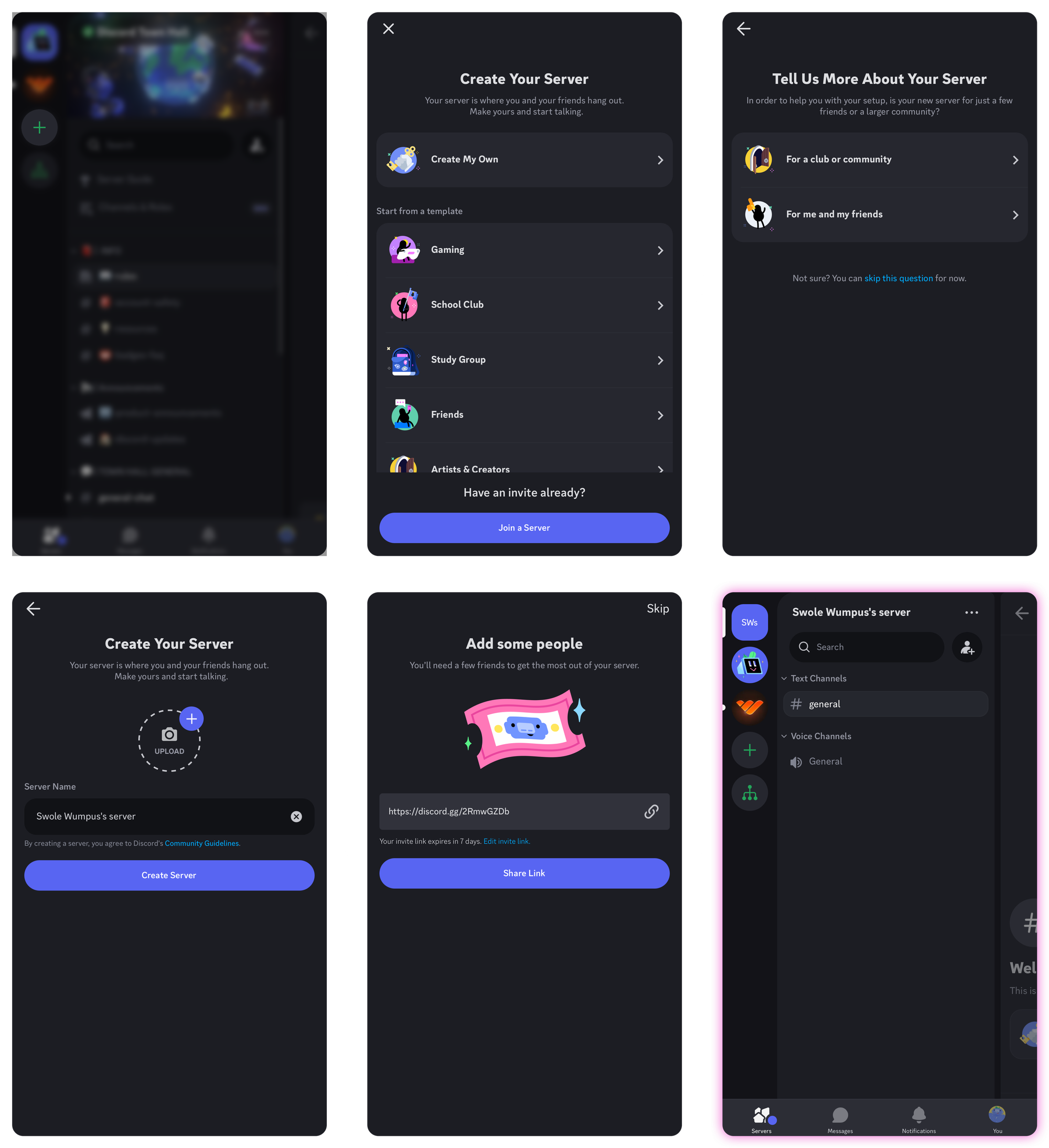 Steps of creating a Discord server on the iOS app