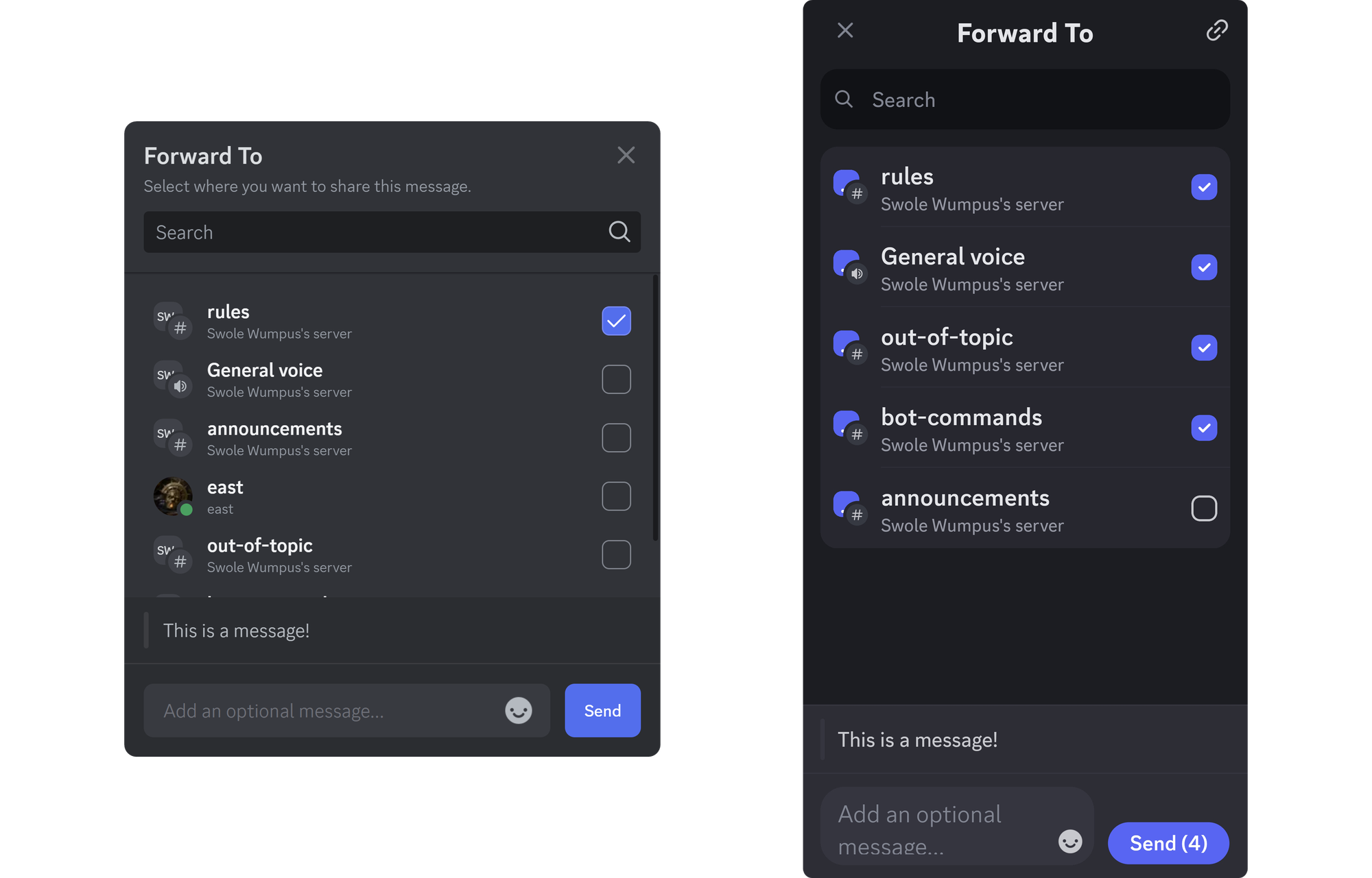 The Forward To windows on Discord desktop (left) and mobile (right)