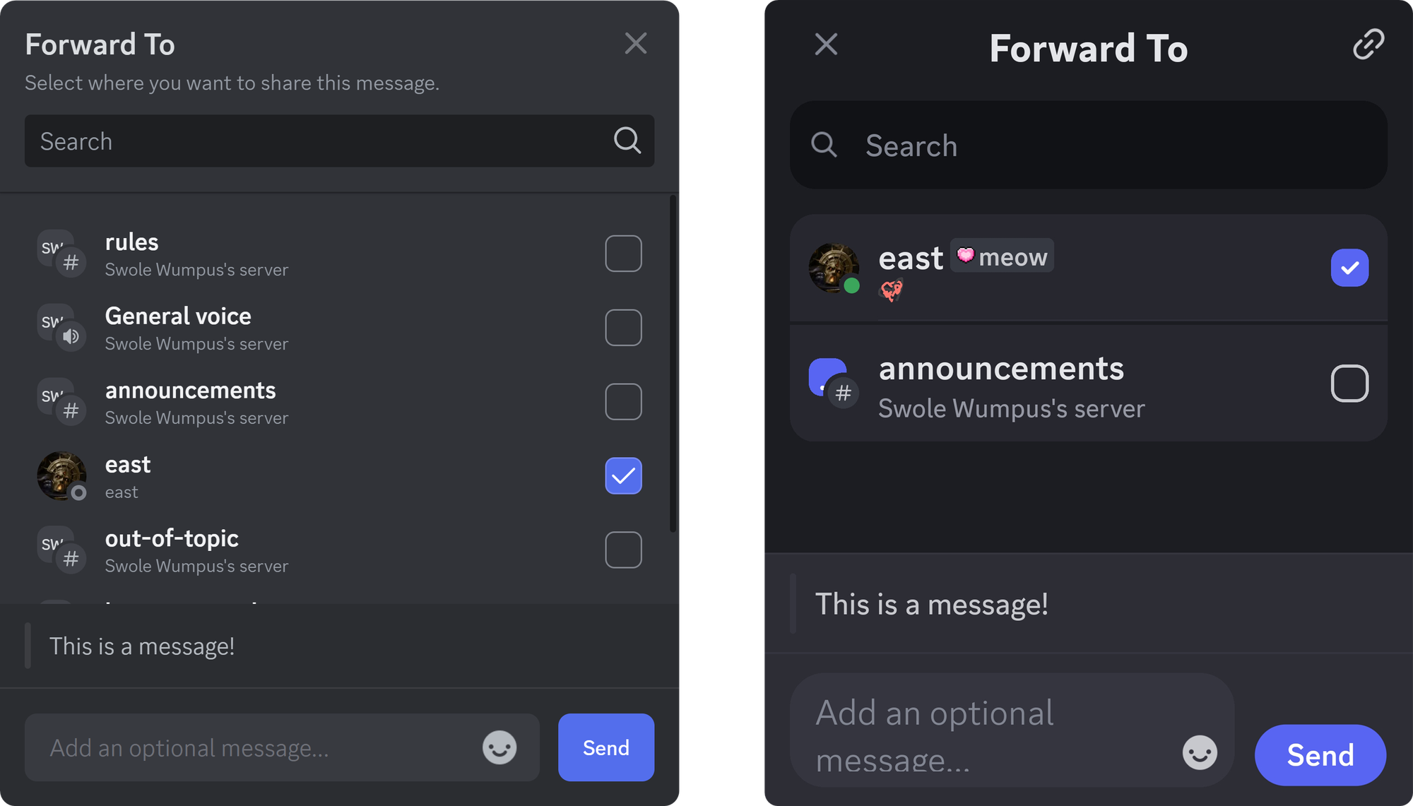 The Forward To windows on Discord desktop (left) and mobile (right)