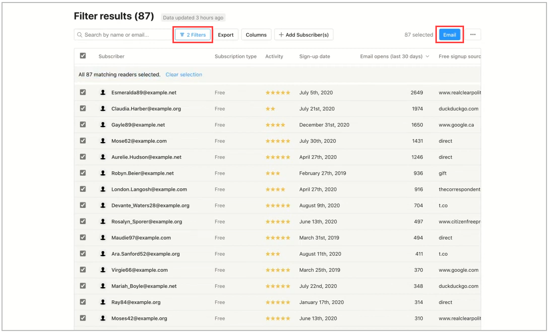 Substack Filtered Email List Example Screenshot