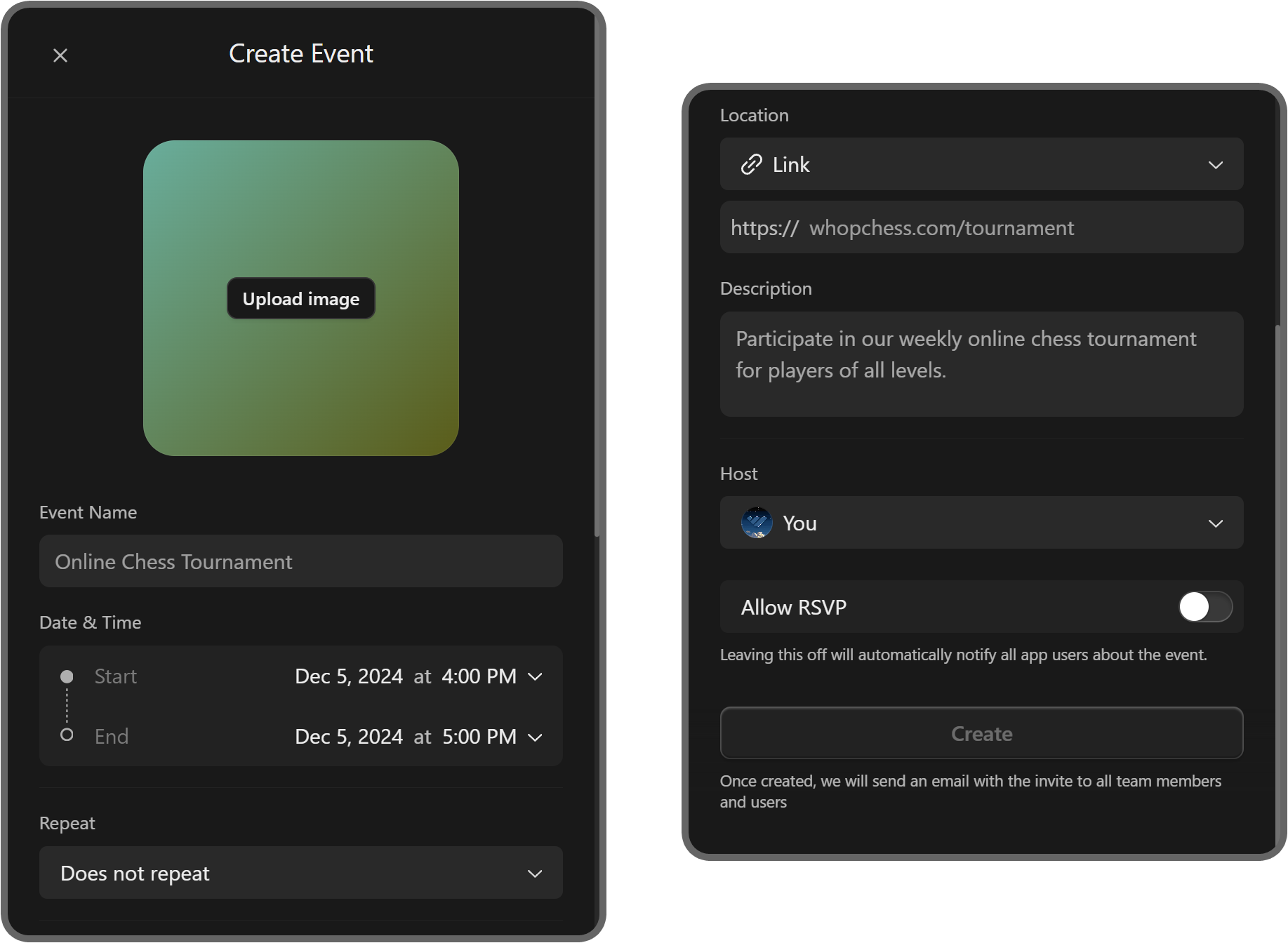 The Create Event popup of the Webinars app on Whop