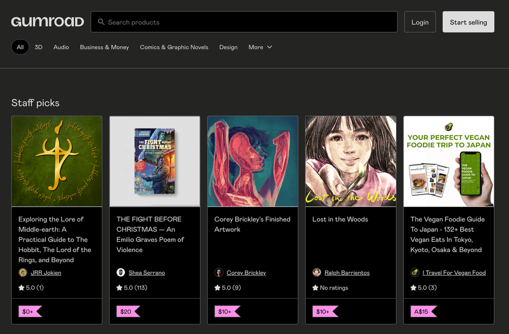 Gumroad's main store page